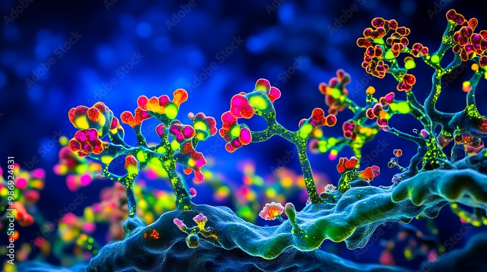 Aufkleber Abstract microscopic view of colorful branching structures, resembling a colony of organisms or cells.