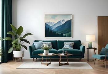 A green velvet sofa in a modern living room with a large framed landscape painting on the wall depicting a mountainous scene with blue hues.