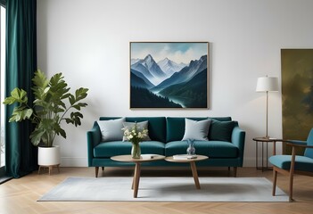 A green velvet sofa in a modern living room with a large framed landscape painting on the wall depicting a mountainous scene with blue hues.