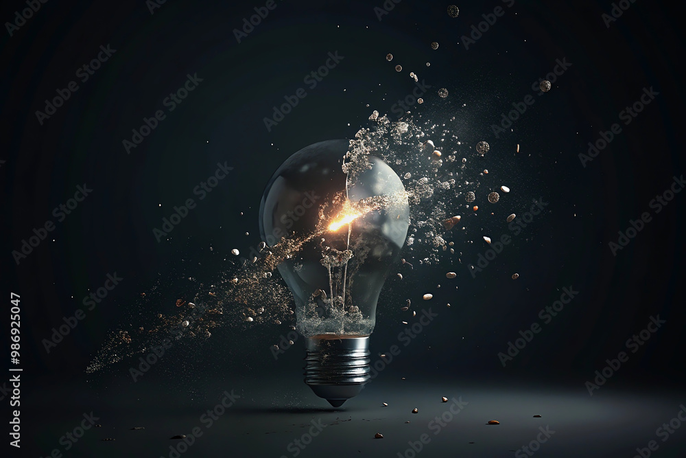 Poster broken lightbulb on black background. 3d rendering.