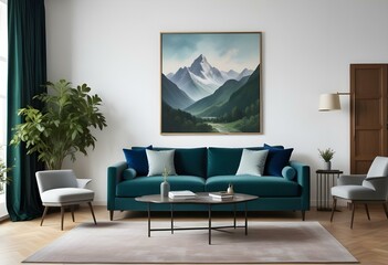 A green velvet sofa in a modern living room with a large framed landscape painting on the wall depicting a mountainous scene with blue hues.