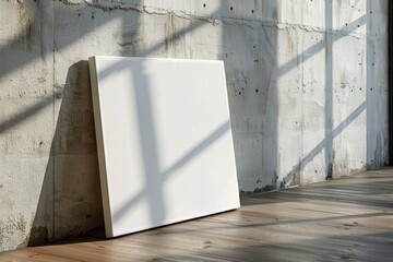 Blank white canvas frame leaning at concrete wall and wood floor