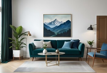 A green velvet sofa in a modern living room with a large framed landscape painting on the wall depicting a mountainous scene with blue hues.