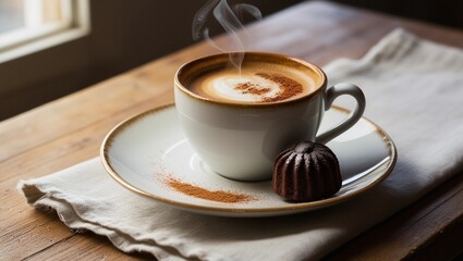 Obraz premium Coffee served with a slice of cake on the side.