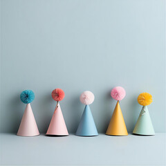 Colorful party hats arranged in a row against a pastel blue background.