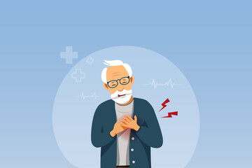 Senior man holding chest suffering from heart attack. Medical emergency from heart diseases. Senior health care concept. Vector.