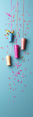 Colorful threads and confetti on a blue background, festive celebration theme.