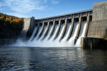 A massive concrete hydroelectric power station releasing water into the river below, generating renewable energy for environmental conservation