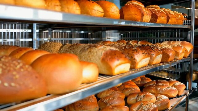 Whole grain bread in the shelf. Bread bakery food factory production with fresh products. 