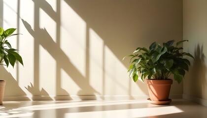 Fototapeta premium A bright, airy room with sunlight streaming in through the window, casting long shadows on the wall. A potted plant with green leaves sits on a table in the foreground.