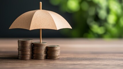 Brown umbrella over stacks of coins, symbolizing financial protection and savings.
