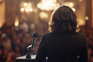woman speaking at conference with microphone,  view from behind