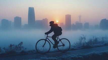Obraz premium A silhouette of a cyclist riding through a dense urban fog, with the city skyline barely visible through the haze. The air appears thick and polluted, and the cyclist is wearing a mask, emphasizing