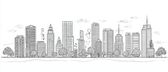 Fototapeta premium Hand-drawn sketch of a city skyline with tall buildings and trees in the foreground.