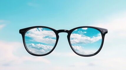 Stylish black glasses reflecting a clear blue sky and fluffy clouds, isolated on a white background.