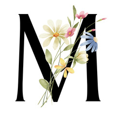 Monogram M, floral letter with watercolor flowers and leaves. Letterhead, initial perfectly for logo, wedding invitation, greeting card, poster .Digital design hand drawing.