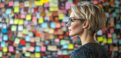 Back view of a thoughtful woman looking at sticky notes on wall in the office, a woman on the background of a wall of stickers, Creative brainstorming session with colorful sticky notes on glass. 