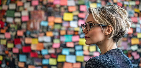 Back view of a thoughtful woman looking at sticky notes on wall in the office, a woman on the background of a wall of stickers, Creative brainstorming session with colorful sticky notes on glass. 