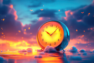 A vibrant clock against a beautiful sunset, symbolizing the passage of time and serene moments in a dreamlike landscape.