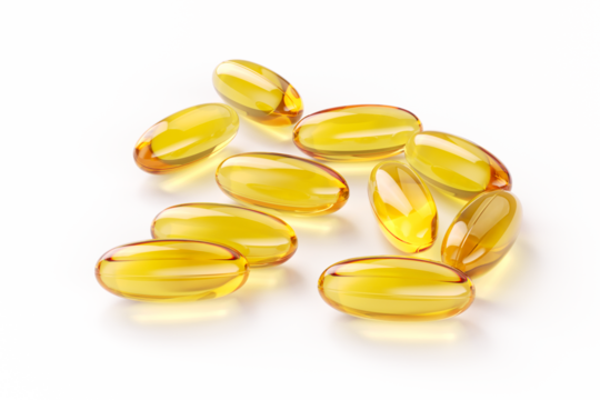 Omega-3 capsules isolated on transparent or white background. Omega 3 Fish oil in yellow capsules