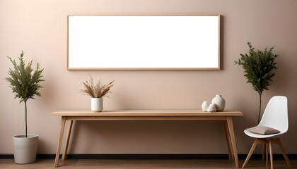 A modern minimalist living room with a large white framed mirror hanging on the wall above a wooden console table.