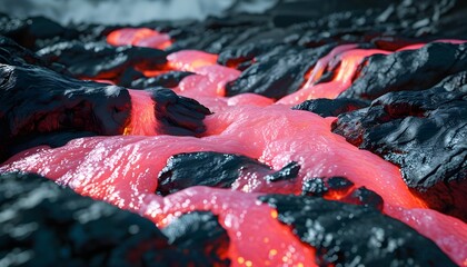 Intense close-up of glowing pink lava flowing against a dark, rugged landscape, highlighting natures awe-inspiring power