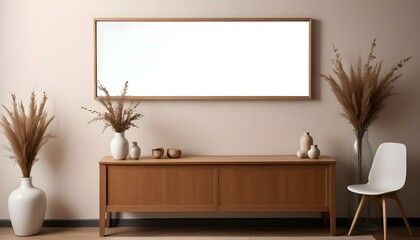 A modern minimalist living room with a large white framed mirror hanging on the wall above a wooden console table.
