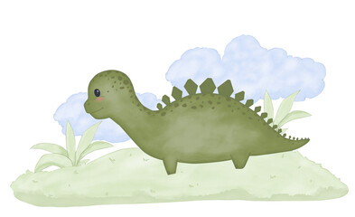 Green dinosaur on a field with bushes and blue clouds. Colored watercolor children's digital illustration.