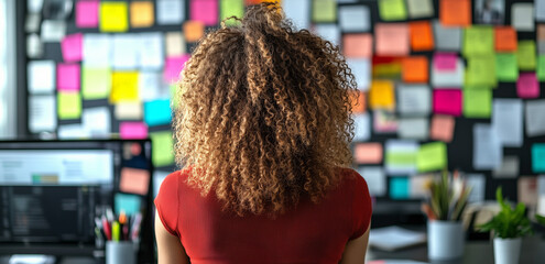 Back view of a thoughtful woman looking at sticky notes on wall in the office, a woman on the background of a wall of stickers, Creative brainstorming session with colorful sticky notes on glass. 