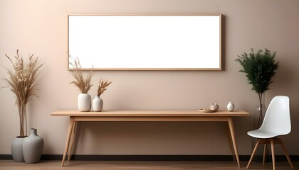 A modern minimalist living room with a large white framed mirror hanging on the wall above a wooden console table.