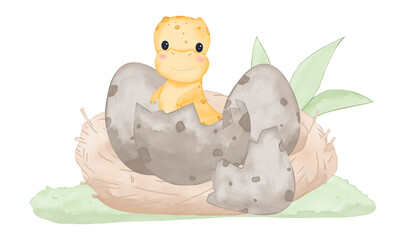Yellow dinosaur with eggs and eggshell. Watercolor composition children's digital illustration.