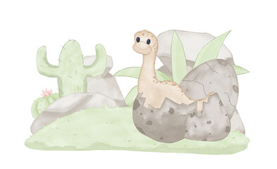 Dinosaur with a long neck and eggshell. Watercolor composition children's digital illustration.