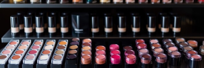 A well-organized makeup collection featuring a diverse range of products arranged on shelves in a beauty store.