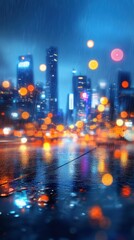 Fototapeta premium Futuristic city skyline at night, neon lights reflecting off glass skyscrapers