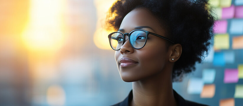 Back view of a thoughtful woman looking at sticky notes on wall in the office, a woman on the background of a wall of stickers, Creative brainstorming session with colorful sticky notes on glass. 