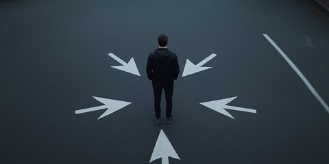 An individual stands at a crossroads path with multiple arrows pointing in different directions, representing choices.