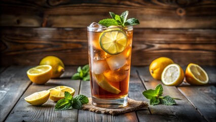 Refreshing Glass of Iced Tea With Lemon Slices and Mint Leaves on Rustic Wooden Surface. long island iced tea