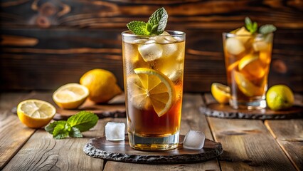 Refreshing Glass of Iced Tea With Lemon Slices and Mint Leaves on Rustic Wooden Surface. long island iced tea