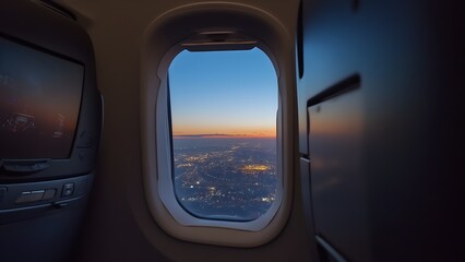 Fototapeta premium Gateway to Adventure: Dusk View of a Sparkling Cityscape from an Airplane Window, Welcoming Travelers with Glowing Horizons