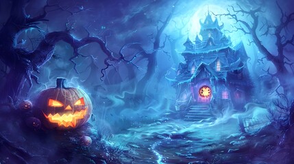 Halloween background with a haunted house and evil pumpkin.
