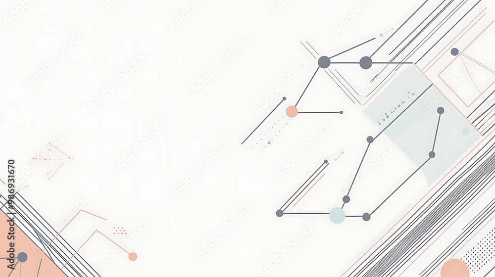 Poster Abstract geometric pattern with lines, circles, and squares in muted colors on a white background.