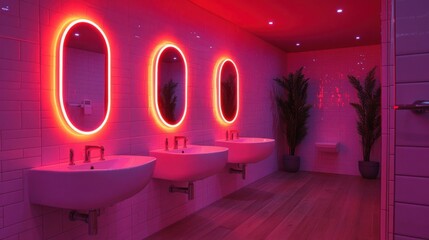 Modern Bathroom with Neon Lighting and Stylish Mirrors