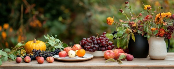 A rustic wooden table displays a vibrant array of fresh fruits and colorful flowers, capturing the essence of autumn's bounty.