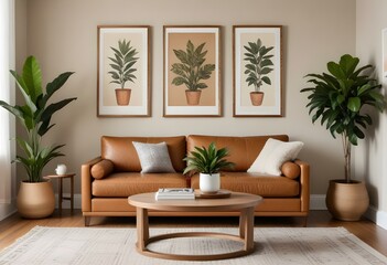 A modern living room with a tan leather sofa, wooden coffee table, and decorative elements like framed artwork and a potted plant.