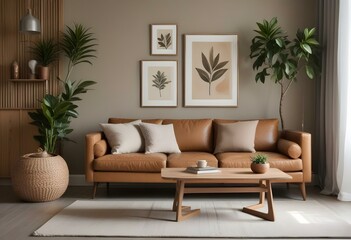 A modern living room with a tan leather sofa, wooden coffee table, and decorative elements like framed artwork and a potted plant.