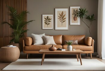 A modern living room with a tan leather sofa, wooden coffee table, and decorative elements like framed artwork and a potted plant.
