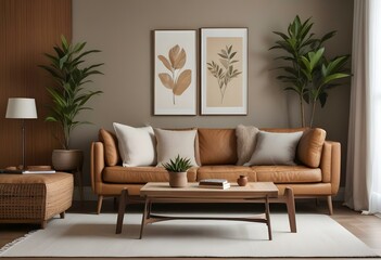 A modern living room with a tan leather sofa, wooden coffee table, and decorative elements like framed artwork and a potted plant.