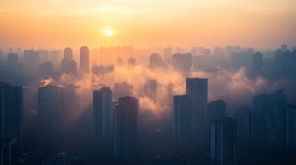 Fototapeta premium A close-up of a cityscape with smog hanging over the buildings, giving the scene a greyish-brown tint. The image captures the pervasive nature of PM2.5 pollution in urban environments.