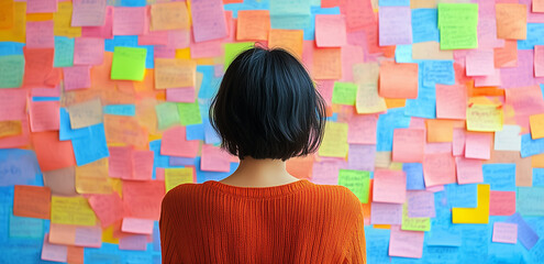 Back view of a thoughtful woman looking at sticky notes on wall in the office, a woman on the background of a wall of stickers, Creative brainstorming session with colorful sticky notes on glass. 