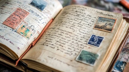 A close-up of a travel journal filled with handwritten memories, sketches, and stamps from different countries.